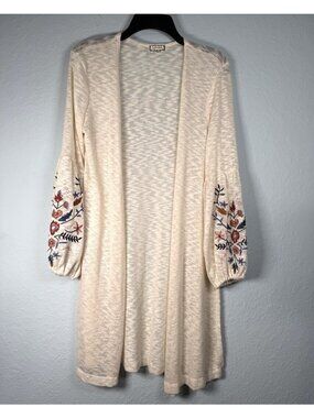 Eyeshadow Boho Floral Embroidered Cardigan Size M White Balloon Sleeve Open Knit